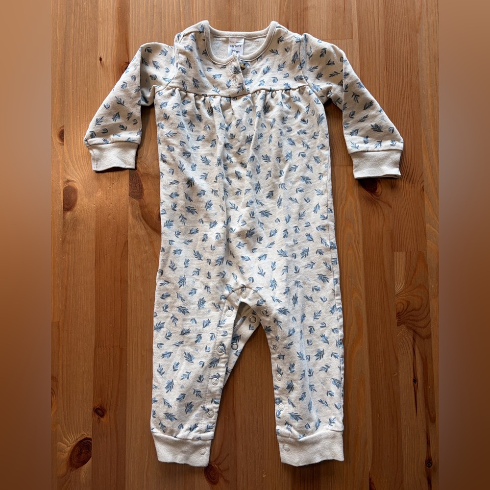 Carter's Cream One-Piece Footed Romper with Blue Leaf Print